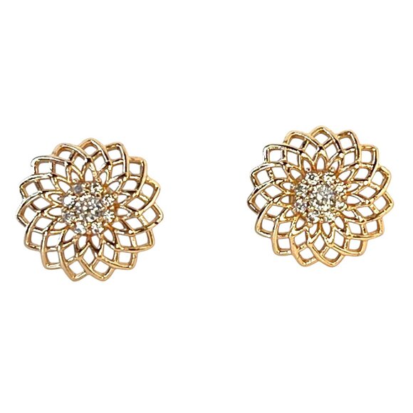 Floral Gold Tone Stud Earrings White Center Stones Modern Stud Minimalist Office - Picture 3 of 5